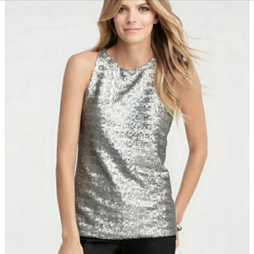 Ann Taylor Silver Sequin Gray Tank Top Size XSP